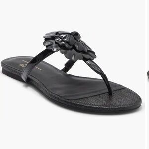Linea Paola Black Laurel Floral Sandals  flower black shoe thong size 8 appliqué